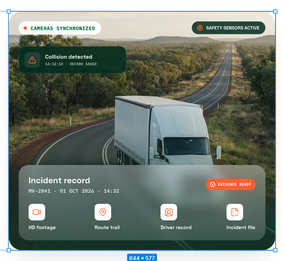 Incident evidence screen showing a truck on the road, synchronized cameras, a collision alert, and links to footage, route, driver, and incident records