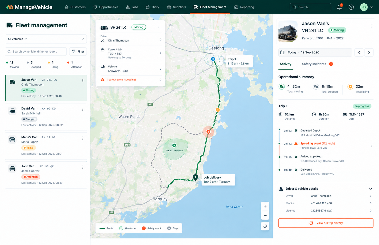 ManageVehicle fleet management dashboard with live vehicle map and trip activity